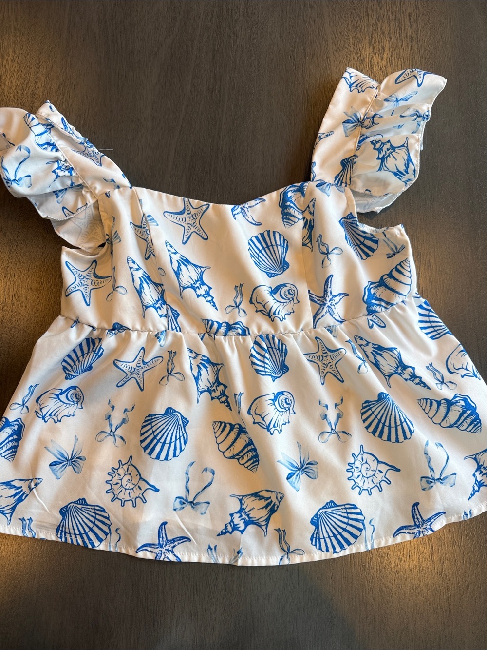 SHEIN White Tank Top with Blue Seashell Print and Ruffle Straps